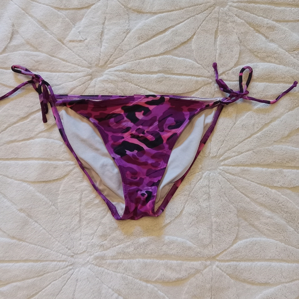 OP BIKINI BOTTOM PINK PURPLE BLACK LEOPARD PRINT SZ L TIE SIDES
